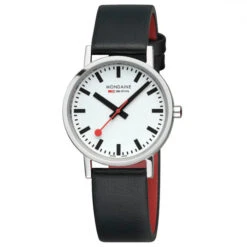 Mondaine Classic - White Dial / Polished Case / Black Vegan Grape Leather Strap / 36 Mm