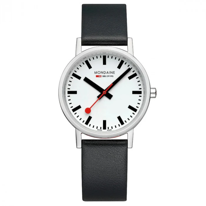 Mondaine Classic - White Dial / Brushed Case / Black Vegan Grape Leather Strap / 36 Mm 5 Mondaine Classic - White Dial / Brushed Case / Black Vegan Grape Leather Strap / 36 Mm - Image 3