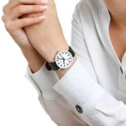 Mondaine Classic Day & Date - White Dial / Polished Case / Black Vegan Grape Leather Strap / 36 Mm -Swiss Supplies Store a667.30314.11sbbv fl 2022 1024x1024