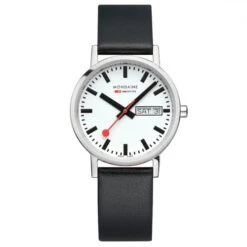 Mondaine Classic Day & Date - White Dial / Polished Case / Black Vegan Grape Leather Strap / 36 Mm -Swiss Supplies Store a667.30314.11sbbv s90 2022 1024x1024