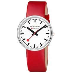 Mondaine Mini Giant Backlight - White Dial / Red Leather Strap / 35mm