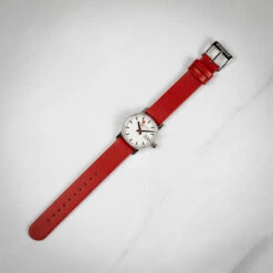 Mondaine Evo2 Big Date - White Dial / Red Vegan Grape Leather Strap / 30mm -Swiss Supplies Store mse.30210.lcv mondaine redstrap 2