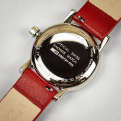Mondaine Evo2 Big Date - White Dial / Red Vegan Grape Leather Strap / 30mm -Swiss Supplies Store mse.30210.lcv mondaine redstrap 3