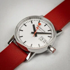 Mondaine Evo2 Big Date - White Dial / Red Vegan Grape Leather Strap / 30mm -Swiss Supplies Store mse.30210.lcv mondaine redstrap 4