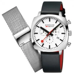 Mondaine Grand Cushion - White Dial / Black Vg Leather Strap + Stainless Steel Strap / 41mm