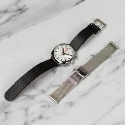 Mondaine Grand Cushion - White Dial / Black Vg Leather Strap + Stainless Steel Strap / 41mm -Swiss Supplies Store msl.41410.lbv .set mondaine grandcushion black 2
