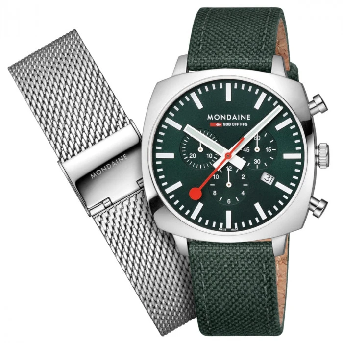 Mondaine Grand Cushion - Green Dial / Green Vg Leather Strap + Stainless Steel Strap / 41mm 3 Mondaine Grand Cushion - Green Dial / Green Vg Leather Strap + Stainless Steel Strap / 41mm