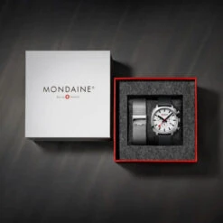 Mondaine Grand Cushion - White Dial / Black Vg Leather Strap + Stainless Steel Strap / 41mm -Swiss Supplies Store prd mon cushion packaging1